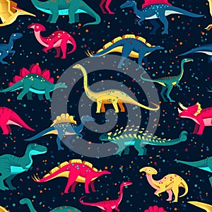 Colorful cute dinosaurs on black background. Vector seamless pattern. Fun textile cartoon kids print design