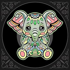 Colorful cute elephant cartoon mandala arts isolated on black background