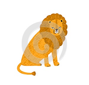Colorful cute hand drawn lion with big mane vector flat illustration. Funny wild exotic carnivorous animal sitting