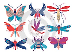 Colorful Cute Insects Set, Butterfly, Beetle, Bug, Mosquito, Moth, Dragonfly, Top View Vector Illustration