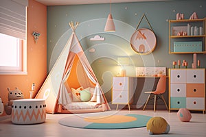 Colorful cute kid\'s bedroom interior decoration. Scandinavian concept