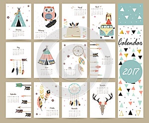 Colorful cute monthly calendar 2017 with tent,whale,feather