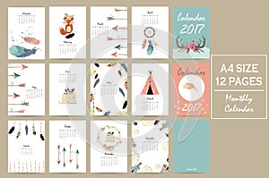 Colorful cute monthly calendar 2017 with tent,whale,feather,arrow,fox and wild.Can be used for web,banner,poster,label and
