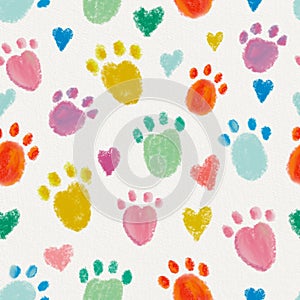 Colorful cute paw prints seamless fabric design pattern