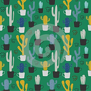 Colorful cute trendy summer cactus pattern background.