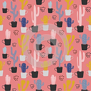 Colorful cute trendy summer cactus pattern background.