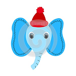 Colorful cute vector elephant face in a winter hat. One object on a white background. Cartoon flat illustration. Emoji