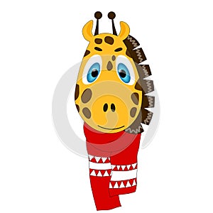 Colorful cute vector giraffe face in a winter scarf. One object on a white background. Cartoon flat illustration. Emoji