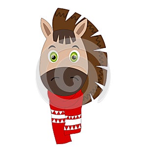 Colorful cute vector horse face in a winter scarf. One object on a white background. Cartoon flat illustration. Emoji