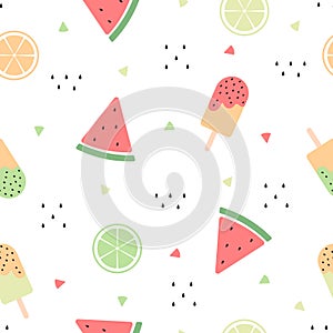 colorful cute watermelon, orange, ice cream on white background