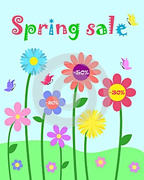 Colorful cute whimsy flowers and butterfly set, spring sale and