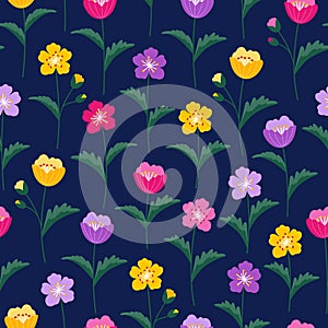 Colorful cute wildflowers on a dark blue background, seamless pattern