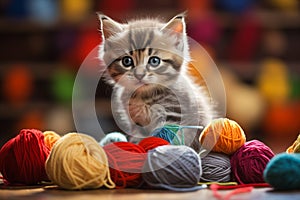 Colorful Cuteness: A Playful Kitten Surrounded by Yarn and Sciss
