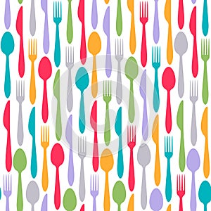 Colorful cutlery pattern. Fork, spoon and knife background.