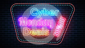 Colorful Cyber Monday Deals 50 Percent Off Lettering Glowing Light Neon Sign With Dotted And Dashed Border Line On Dark Blue Brick
