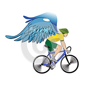 Colorful cyclist with angel wings isolated