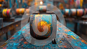 Colorful cylindrical rollers on a wooden workshop table