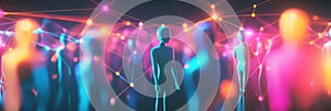 Colorful 3D avatars create a vibrant digital community connected through glowing network lines. Generative AI