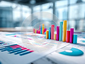 Colorful 3d bar chart displaying data analysis on spreadsheets in a modern office setting