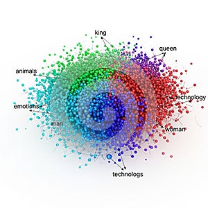 Colorful 3D network visualization of interconnected data clusters with labeled categories
