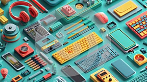 Colorful 3D Render of Technology Gadgets