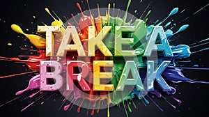 Colorful 3D text TAKEABREAK over dynamic paint splatters on black take a break