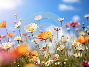 Colorful daisies on the field, blue sky background