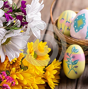 Colorful Daisy Flowers and Easter Eggs