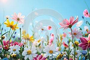 Colorful daisy flowers in the meadow on blue sky background. Genererative AI