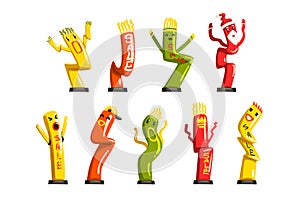 Colorful dancing inflatable tube men set with waving hands vector Illustrations on a white background