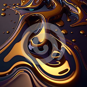 Colorful dark brown and golden splashes abstract background. Liquid, fluid marbling paint background with swirls. Mix of