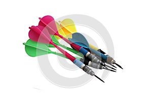 Colorful darts stuck with plastic feathers isolated on white background