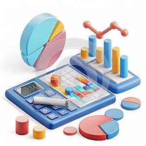 Colorful 3D Render of Business Charts and Calculator