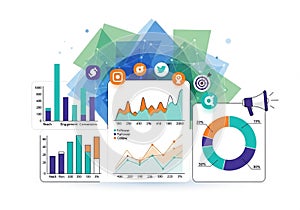 Colorful data visualization featuring various graphs and charts.