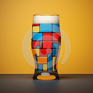 Colorful De Stijl Inspired Beer Glass With Cubist Fragmentation
