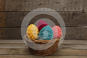 Colorful decorated in basket easter eggs from wool yarn.