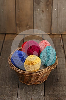 Colorful decorated in basket easter eggs from wool yarn.