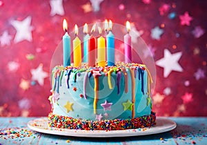 Colorful decorated birthday cake with lit colored candles.