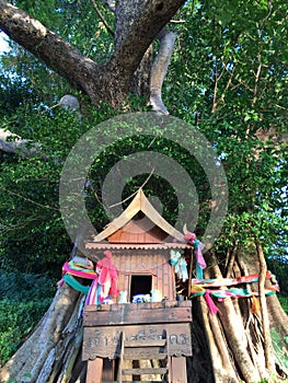 Colorful decorated buddhist shrine and offerings