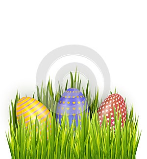 Colorful decorated Easter eggs in fresh green grass isolated on white background. Horizontal holiday banner decorations. Vector il