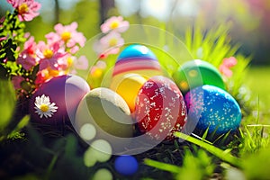 Colorful decorated easter eggs in fresh green grass with spring flowers, sunny garden, meadow, morning light