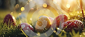 Colorful decorated easter eggs on spring fresh grass with beautiful bokeh and sun flares