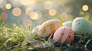 Colorful decorated easter eggs on spring fresh grass with beautiful bokeh and sun flares