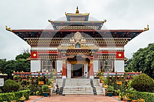 Colorful decorated facade in Bhutanese style of The Royal Bhutanese Monastery with copy space in Bodh Gaya, Bihar, India