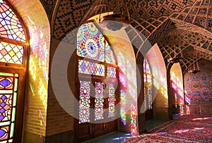 Colorful decorated interior of the Nasir al-Mulk Mosque in Shiraz, Iran