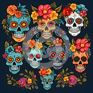 Colorful decorated painted human skulls with flowers on a dark background. For the day of the dead and Halloween