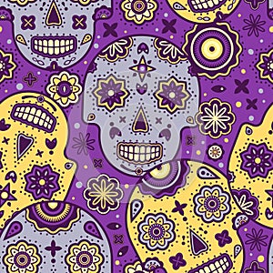 Colorful decorated sugar skull pattern in purple and yellow