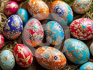 Colorful, decorated, vividly embellished and designed Easter eggs in a wooden bowl