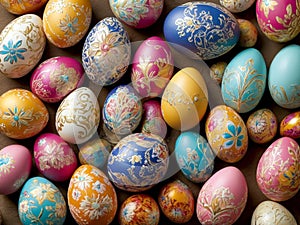 Colorful, decorated, vividly embellished and designed Easter eggs in a wooden bowl