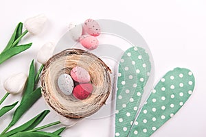 Colorful decorations with Easter egg nest with spring flowers on white background. copy space, top view